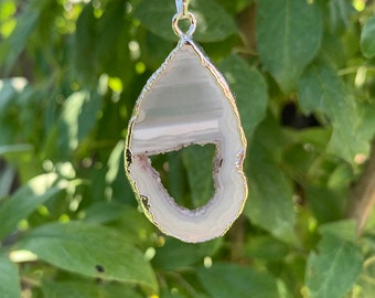 Irregular Silver Plated Agate Slice Necklace - Silver Gray Banded Agate Slice Pendant - Crystal Mineral Necklace