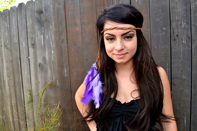 Feather Leather Headband Purple Feather Headband Hippie Etsy