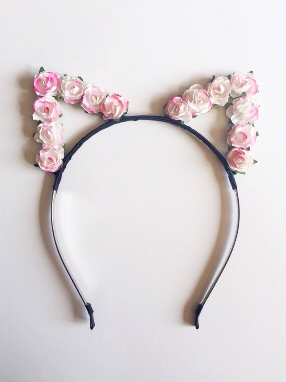 Pink White Cat Ears Flower Headband - Floral Mini Roses Cat  display picture 3