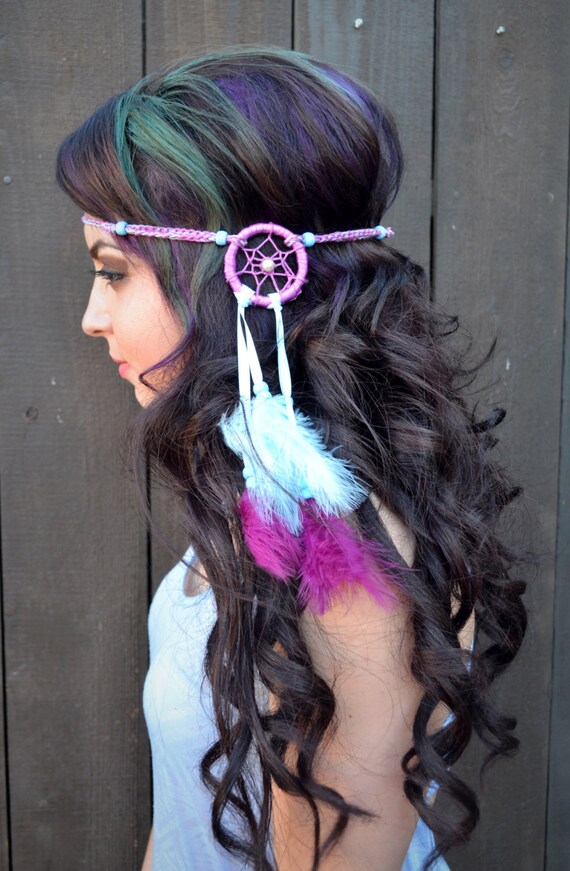 Pink Red Purple Blue Feather Clip On Headpiece Bohemian Festival Hippy Indian