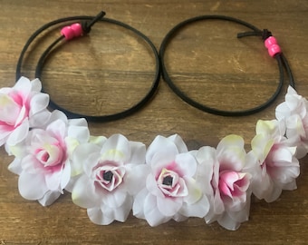 White Hot Pink Rose Headband - White Pink Rose Flower Leather Headband  - Music Festivals Raves