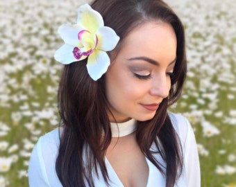 Cream White Orchid Flower Hair Clip - White or Pink Purple Orchid - Tropical Flowers - Hair Accessories - Wedding - Bridal