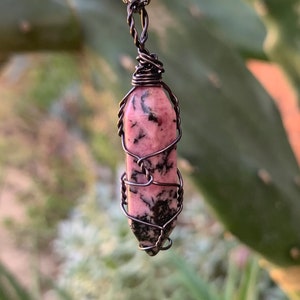 Wire Wrapped Rhodonite Crystal Point Pendant Necklace  - Boho Crystal Jewelry - Healing Crystals - Gift For Her - I1266