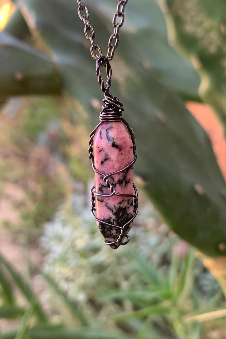 Wire Wrapped Rhodonite Crystal Point Pendant Necklace   Boho image 1
