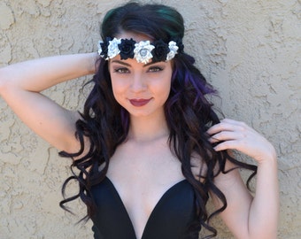 Flower Headband - Black Silver Rose Headband - Flower Crown - Festivals - Raves - Parties - Bohemian