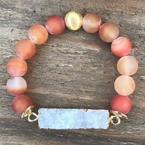Natural Orange Frosted Druzy Agate Beads Bracelet With White Rectangle Druzy Pendant - Gemstone Bead Bracelet - Boho Crystal Jewelry - K1011