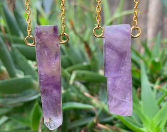 Unique Amethyst Quartz Gemstone Stick Pendant Necklace - Purple Amethyst Crystal Jewelry - Healing Minerals Stones - Boho Jewelry - I1269