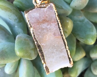 Gold White Rectangular Quartz Crystal Pendant - White Raw Druzy Quartz Necklace - Boho Crystal Gemstone Jewelry - Healing Crystals - I1055