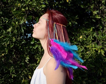 Colorful Feather Headband - Feather Hair Piece - Blue Purple Pink Feathers - Bohemian - Festival Rave Wear - Costumes