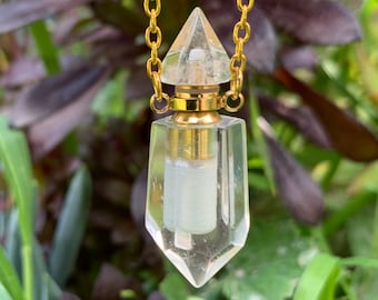 Collar con colgante de botella de perfume con aceite esencial de cuarzo transparente - Botella de perfume con punta de cristal de cuarzo transparente - Joyería de cristal boho - I1227