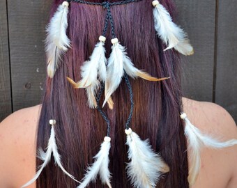 Feather Headband  - Festival Headband - Hippie Headband - Tan Cream Feathers -  Hair Accessories - Bohemian - Boho