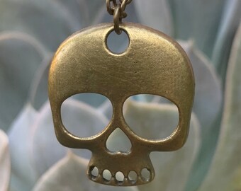 Antique Bronze Skull Pendant Charm Necklace - Bronze Colored Boho Hippie Jewelry - I1278