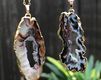 Irregular Gold Plated Agate Slice Necklace - Brown Black Banded Agate Slice Pendant - Crystal Mineral Necklace - I1034