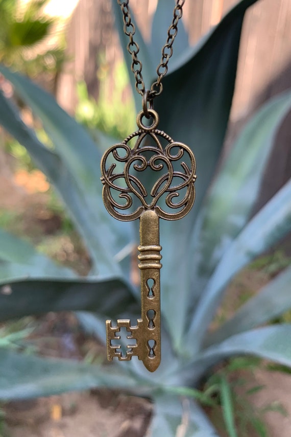 Antique Bronze Skeleton Key Charm Pendant  Necklace - Bronze Colored Symbolic Boho Jewelry - Skeleton Key Talisman Amulet