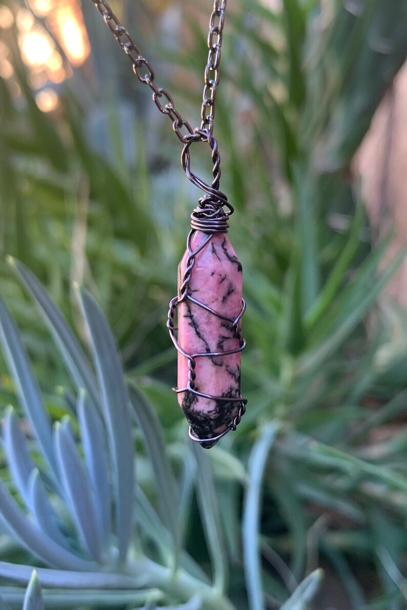Wire Wrapped Rhodonite Crystal Point Pendant Necklace   Boho image 4