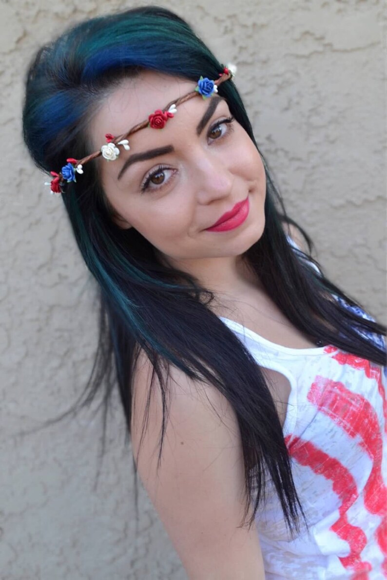 Red White Blue Rose Flower Crown Rose Flower Headband Flower Hair Wreath Tiara 4th of July Patriotic Headband image 2