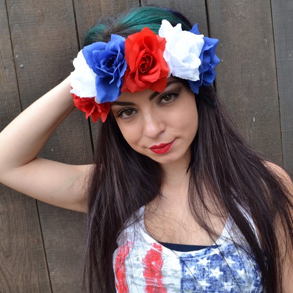 Bandeau en cuir de fleur - Bandeau floral réglable - Bandeau patriotique - 4 juillet - Roses bleues blanches rouges