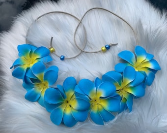 Blau Gelb Hawaii Pflaume Blumen Stirnband Hula Flowers Lei - Festival Rave Hippie Stirnband - Boho Braut Haarschmuck