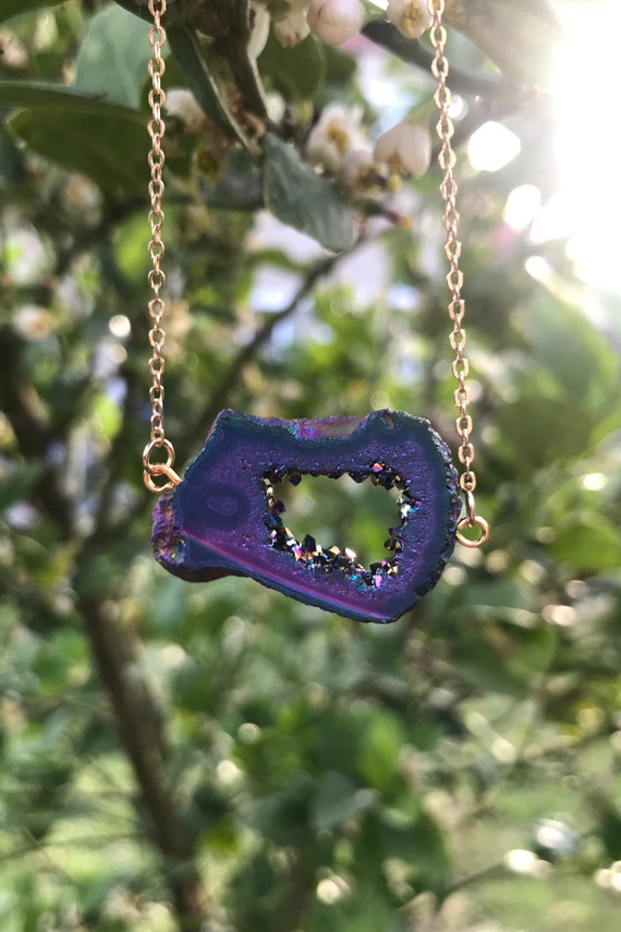 Blue Titanium Aura Quartz Druzy Crystal Natural Geode Slice Connector Necklace Flame Rainbow Aura Agate Quartz Crystal Pendant I1170 Etsy