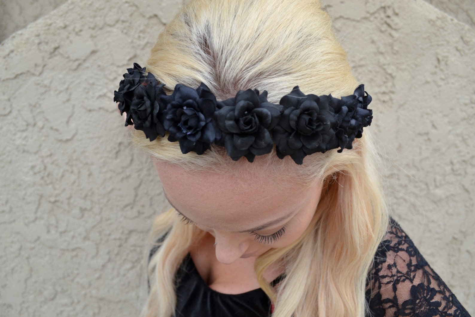 All Black Rose Headband Black Flower Headband Gothic Etsy