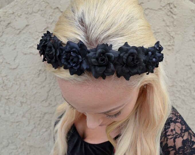 All Black Rose Headband Black Flower Headband Gothic Headband Halloween ...