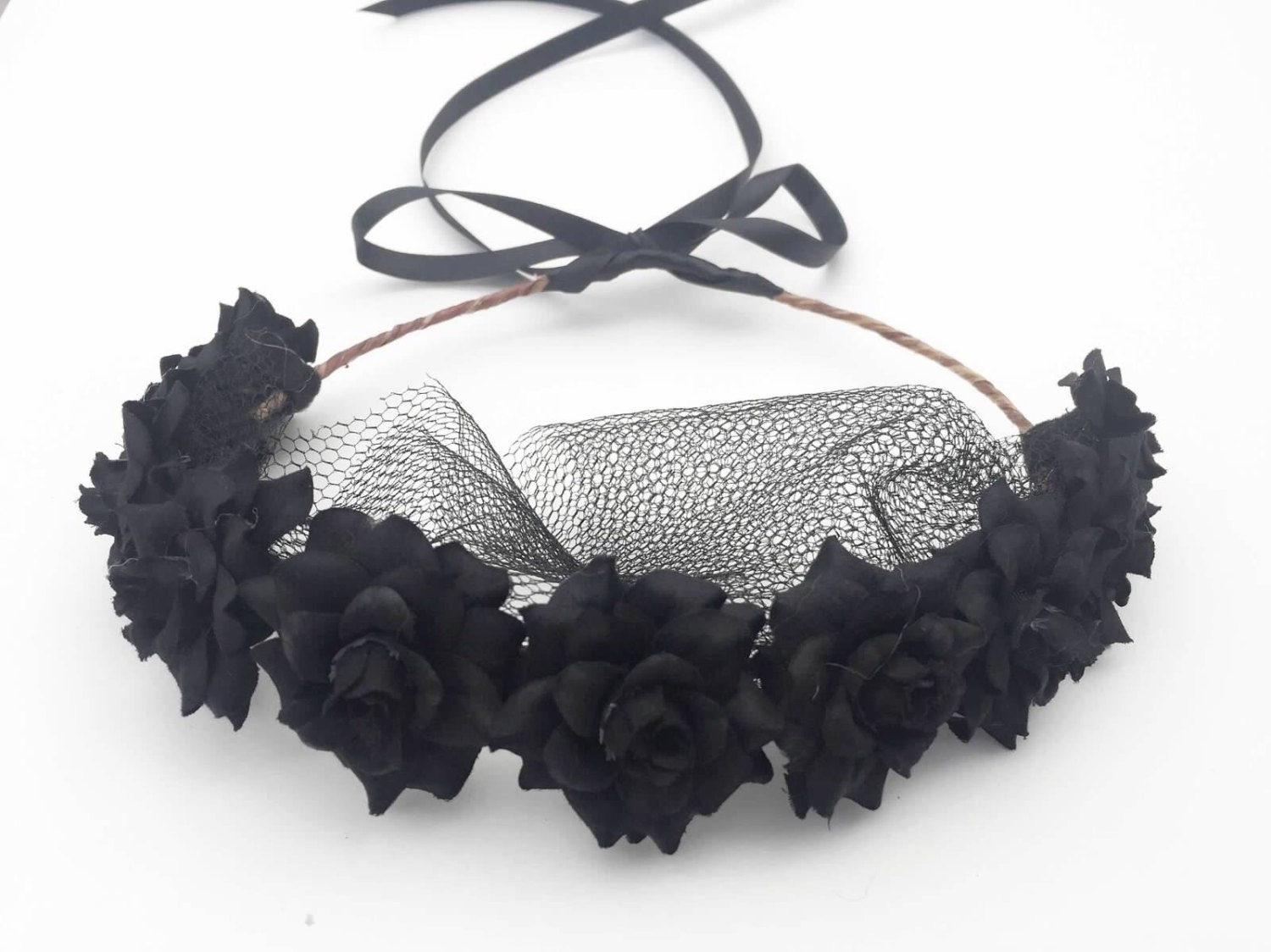 Black Rose Veil Crown Black Flower Crown Headband Hair | Etsy