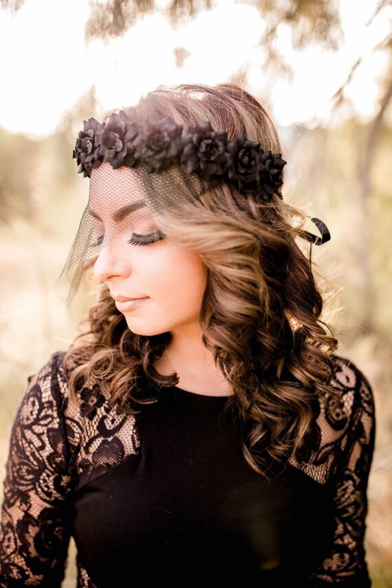 Black Rose Veil Crown Black Flower Crown Headband Hair Etsy