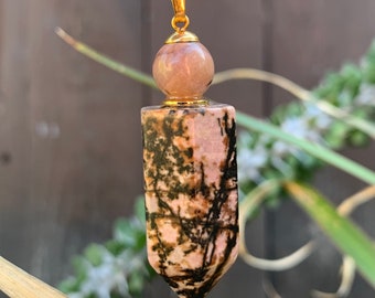 Natural Rhodonite Essential Oil Perfume Bottle Pendant Necklace - Rhodonite Crystal Perfume Bottle Necklace - Boho Crystal Jewelry - I1250