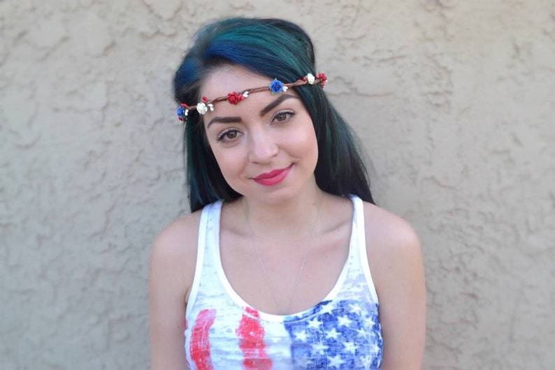 Red White Blue Rose Flower Crown Rose Flower Headband Flower Hair Wreath Tiara 4th of July Patriotic Headband image 4