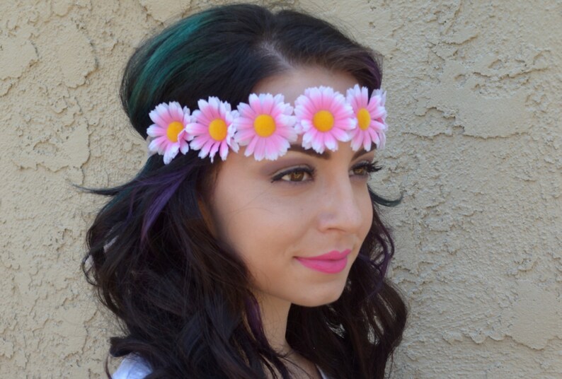 Flower Headband Pink Daisy Headband Pink Daisies Hippie Etsy
