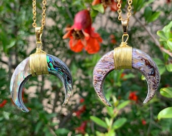 Wire Wrapped Abalone Shell Crescent Moon Pendant Necklace - Double Horn Tusk Horseshoe Shell Necklace - Boho Hippie Indie Jewelry