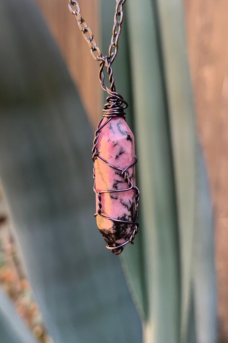 Wire Wrapped Rhodonite Crystal Point Pendant Necklace   Boho image 2