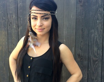 Braided Feather Headband - Festival Headband - Hippie Headband - Festival Rave Wear - Bohemian Hair Accessories