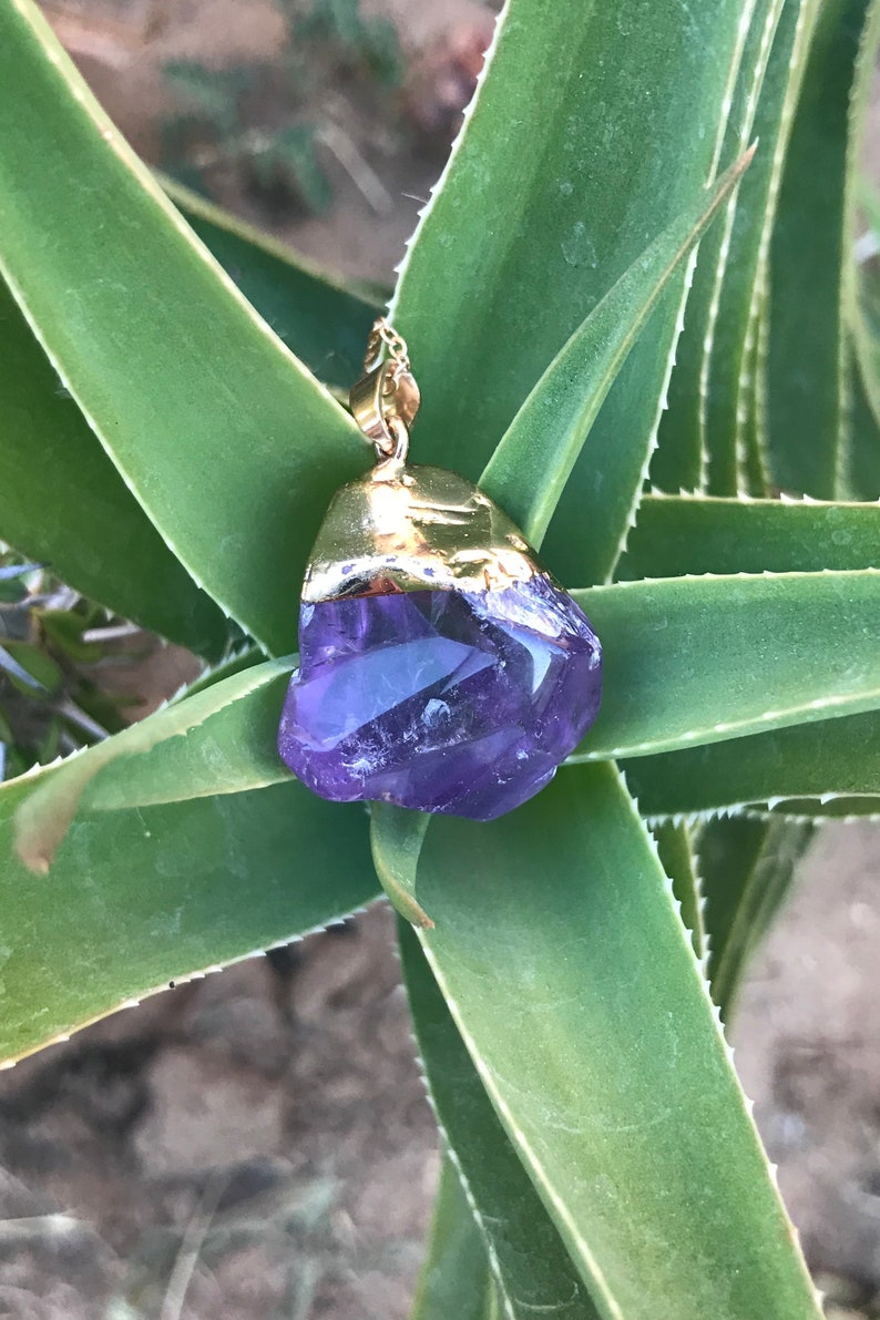 Amethyst Gemstone Pendant Boho Crystal Jewelry Gold Dipped Purple Crystal Quartz Necklace Healing Crystals