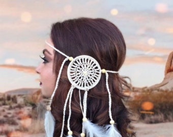 Crochet Cream Off White Mandala Dreamcatcher Feather Headband - Crochet Lace Mandala - Festival Rave Hippie Indie Boho Headband - A1034