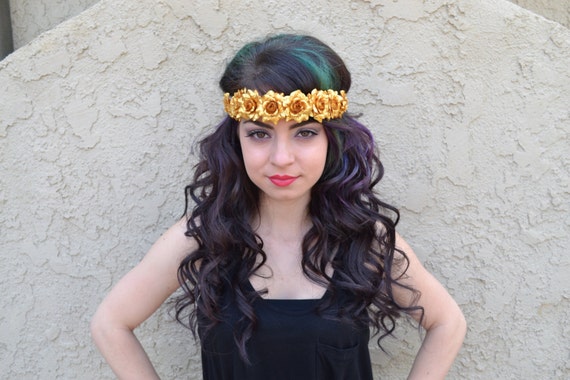 Gold Rose Headband - Metallic Flower Headband - Golden Roses 