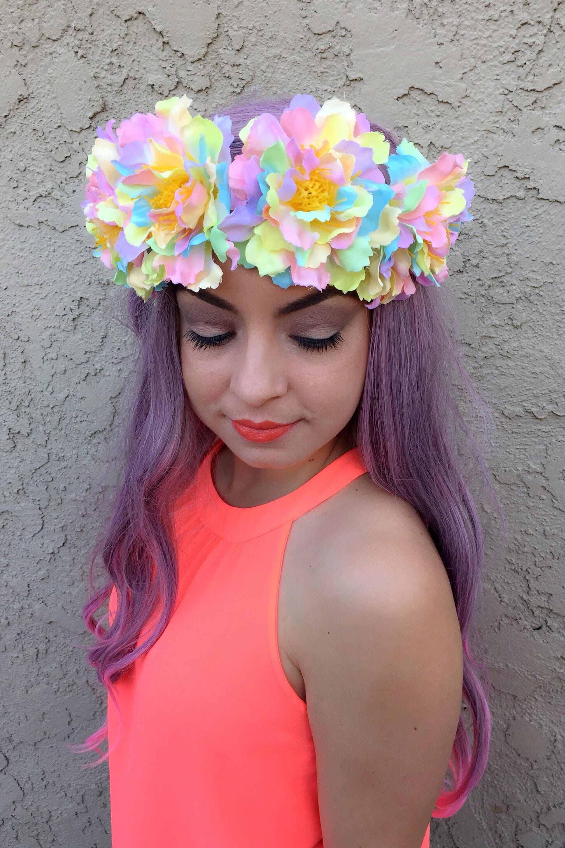 Pastel Rainbow Peony Flower Headband Flower Crown Festival | Etsy