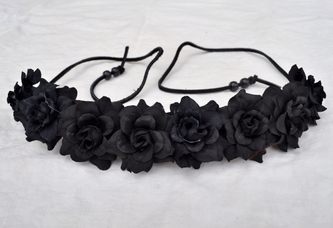 All Black Rose Headband Black Flower Headband Gothic Etsy