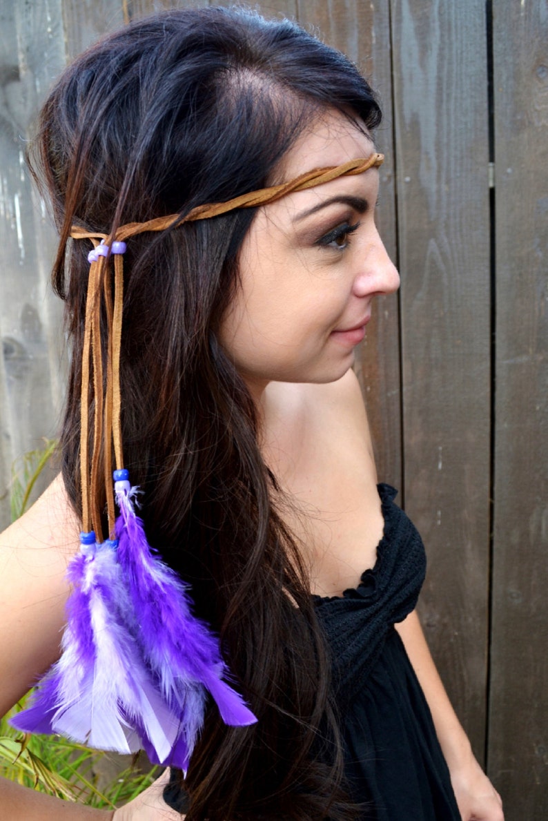 Feather Leather Headband Purple Feather Headband Hippie Etsy