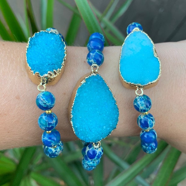 Blue Sea Sediment Jasper Beads Bracelet With Gold Plated Aqua Blue Druzy Pendant -  Boho Crystal Mineral Jewelry - K1030