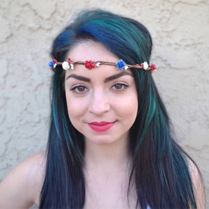 Red White Blue Rose Flower Crown Rose Flower Headband Flower Hair Wreath Tiara 4th of July Patriotic Headband image 3