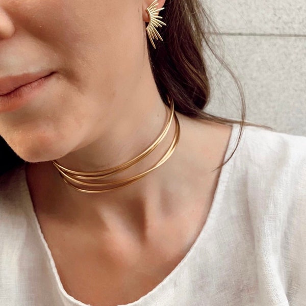 Gold rigid choker, Gold double rigid necklace, Simple steel choker, Delicate gold choker, Rigid neck bracelet