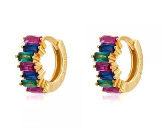 Multicolor hoop earrings, Delicate zircon hoops, Small sterling silver hoops, Second gold women's earring, Cz earring