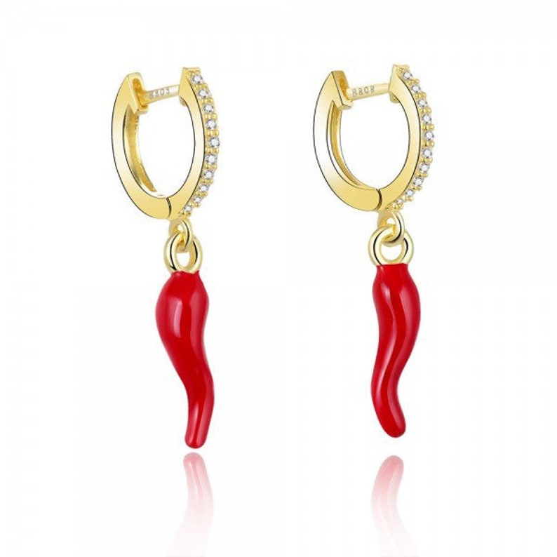 Aros mini de circonitas con guindilla roja, arracadas de circonitas con guindilla, pendientes oro con pimiento rojo, aros de plata imagen 2