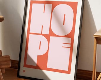 Arte mural tipográfico "Esperanza", impresión motivacional, regalo de esperanza, decoración de pared de galería rosa y rojo, decoración moderna del hogar, amor y esperanza, póster inspirador
