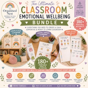 Peut inclure: Un ensemble numérique intitulé The Ultimate Classroom Emotional Wellbeing Bundle comprenant plus de 180 ressources imprimables. Le graphique présente diverses fiches comme Feelings Check-in, My Strengths et About Me, avec un coin classe calme.