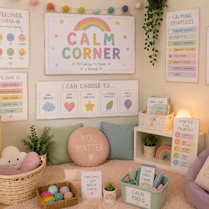 May include: A collection of wall posters and decor featuring pastel colours and educational text including Calm Corner, Feelings Check-In, Calming Strategies, Breathe, Positive Affirmations, I Can Choose To, and How Big Is My Problem, with pillows and baskets.