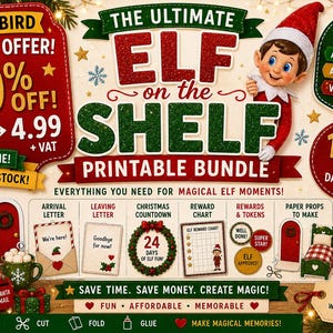 May include: A printable bundle for an Elf on the Shelf featuring two elf figures, a red mailbox, a green mug, a popcorn bucket labeled Elf Snacks, and various paper props including an arrival letter, leaving letter, reward chart, and tokens.
