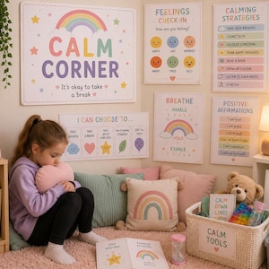 Peut inclure: Une collection d'affiches éducatives et de décorations aux tons pastel avec des motifs d'arc-en-ciel. L'ensemble comprend des panneaux intitulés Calm Corner, Feelings Check-In, Calming Strategies, Breathe et Positive Affirmations, avec un panier.