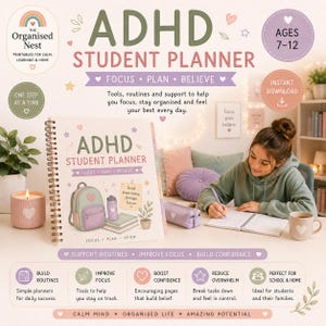 以下が含まれることがあります： スパイラル綴じのADHD学生用プランナー。明るい色の表紙には、バックパック、水筒、植物のイラストが描かれています。テキストには「ADHD STUDENT PLANNER」「FOCUS」「PLAN」「BELIEVE」「GROW」と記され、パステルカラーのアクセントとハートのアイコンがあしらわれています。